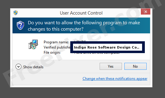 Screenshot where Indigo Rose Software Design Corporation appears as the verified publisher in the UAC dialog